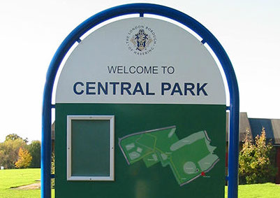 Free standing sign for Havering Council Parks including a map and poster case.